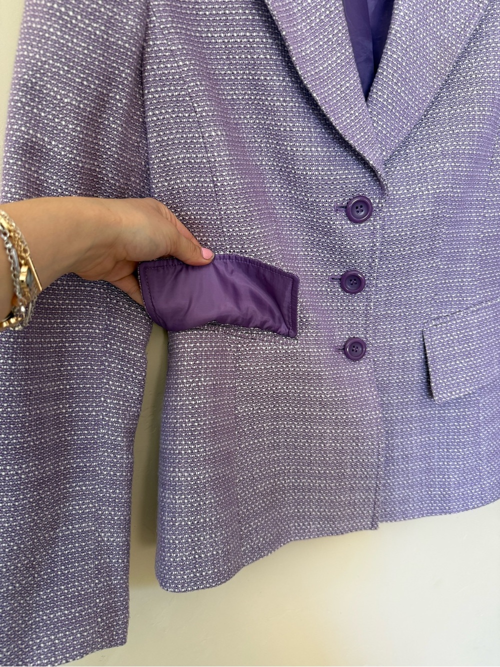 Lavender Tweed Blazer Jacket Purple Office Career Quiet Luxury Chic - Picture 8 of 10
